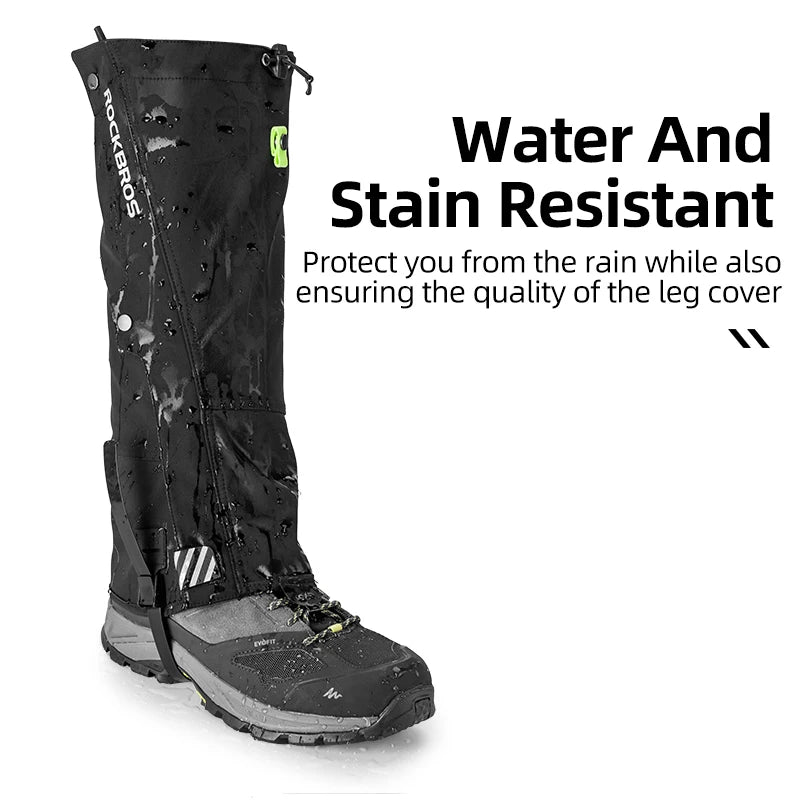 RockBros waterproof leg gaiters for hiking in black fabric with adjustable strap and zip closure