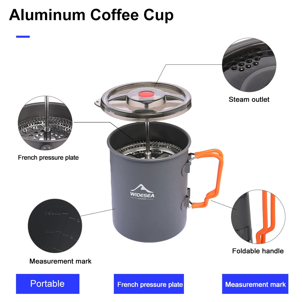 Widesea aluminum camping coffee pot with French press; grey mug with orange foldable handle and lid