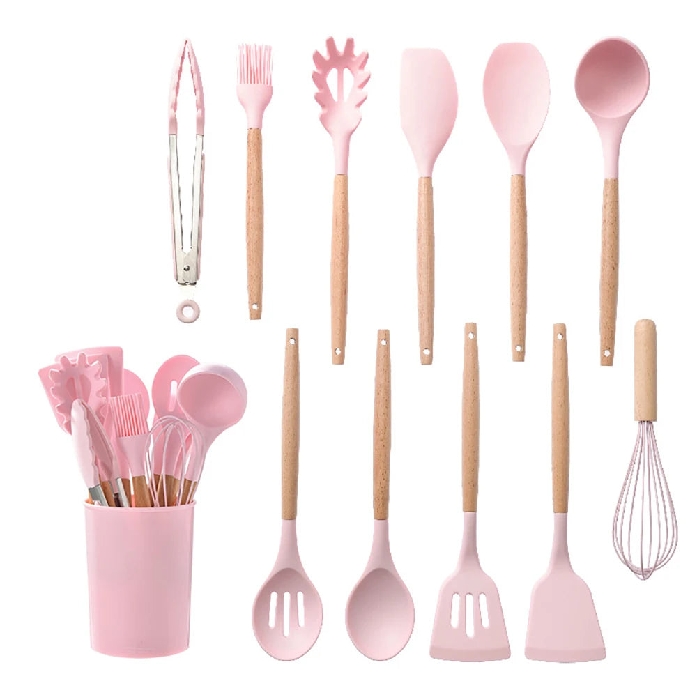 Silicone Kitchen Utensil Set With Wooden Handles Nonstick Spatulas Ladle by S And B Enterprise