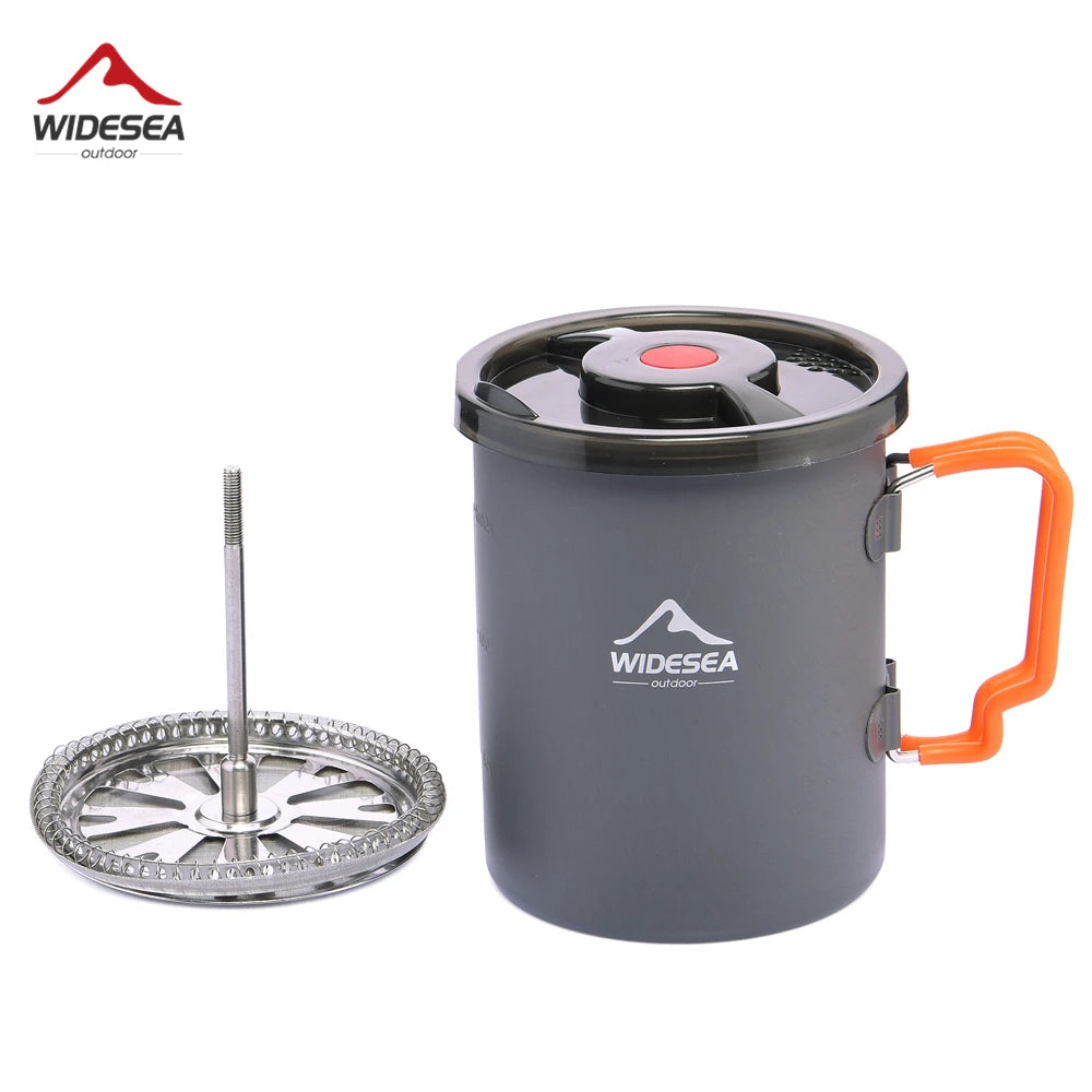 Widesea camping pot with built-in French press, gray body, orange handle; 2-piece outdoor cookware set.