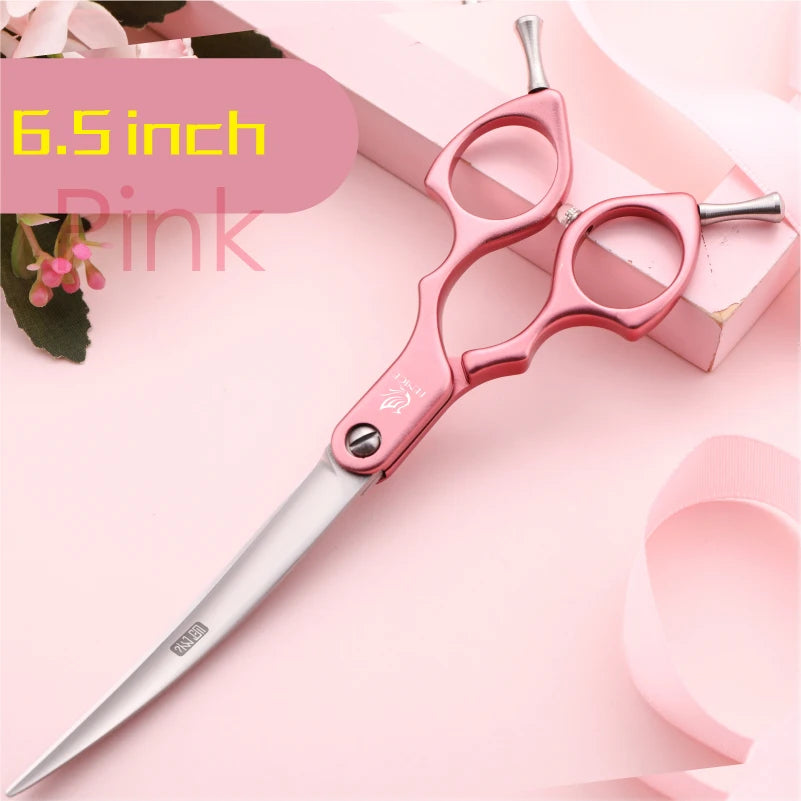 Pet grooming scissors for dogs and cats, pink 6.5-inch curved blades, stainless steel