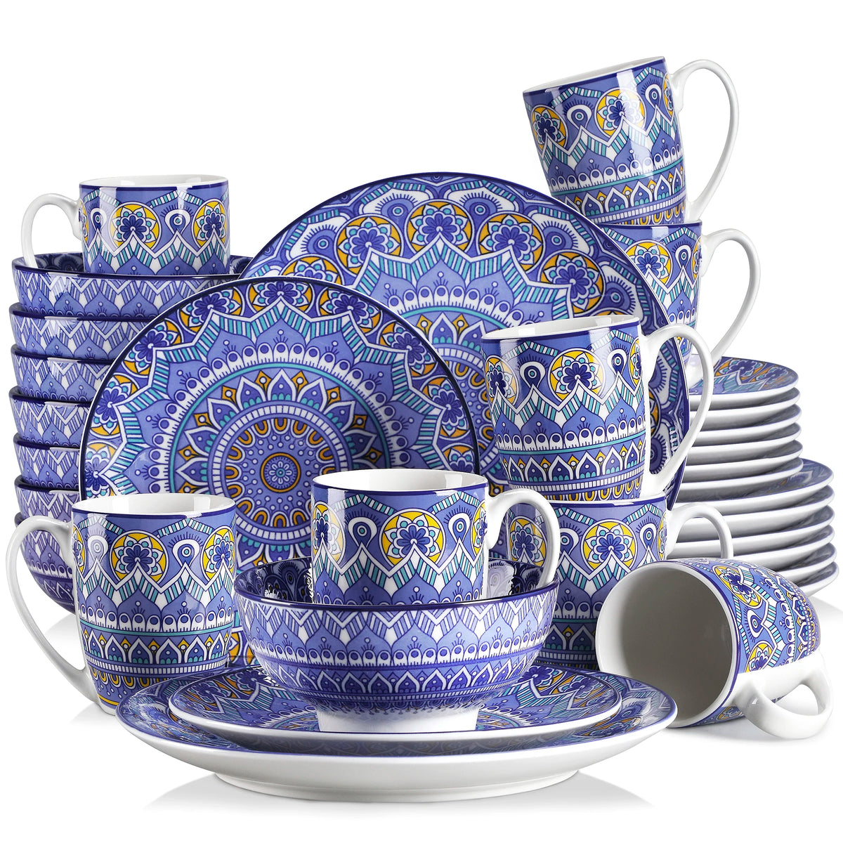Vancasso ceramic dinnerware set in blue Bohemian mandala pattern with plates, bowls and mugs (16/32/48 pieces)