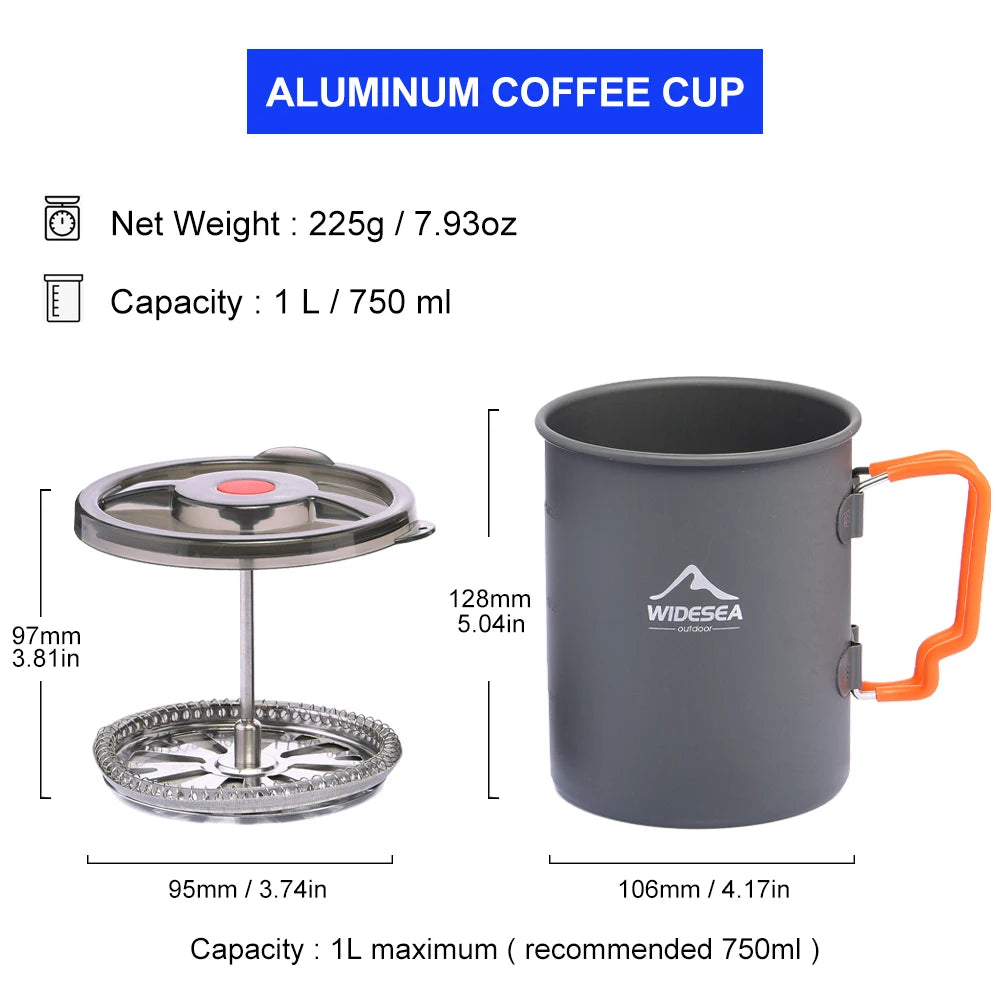 Widesea camping coffee pot with French press and gray aluminum mug with orange handle, a two-item hiking set