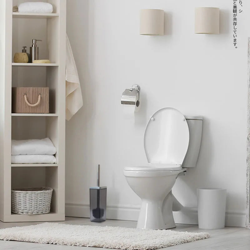 7-piece hotel bathroom set in square electroplating chrome finish; includes trash can, toothbrush cup, soap bottle.