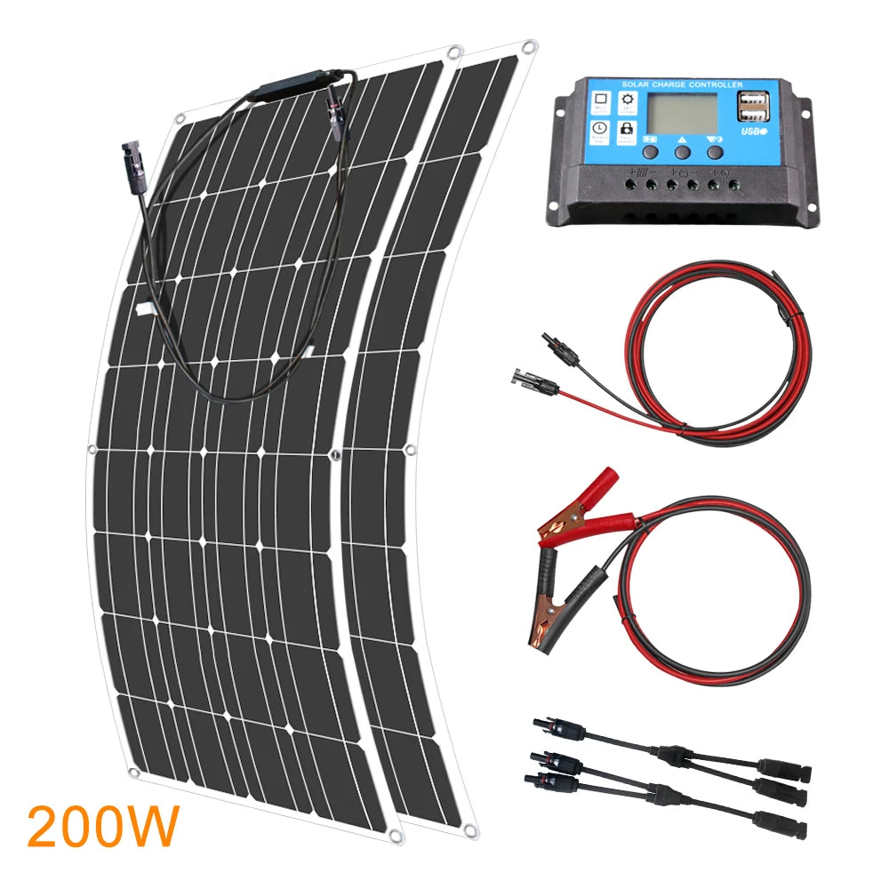ASUNERGE 200W flexible solar panel kit with charge controller and multiple cables