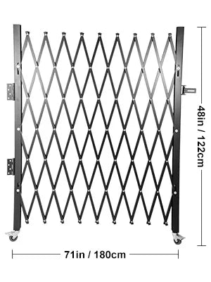Folding security gate by S And B Enterprise, black steel accordion expandable gate with caster wheels.