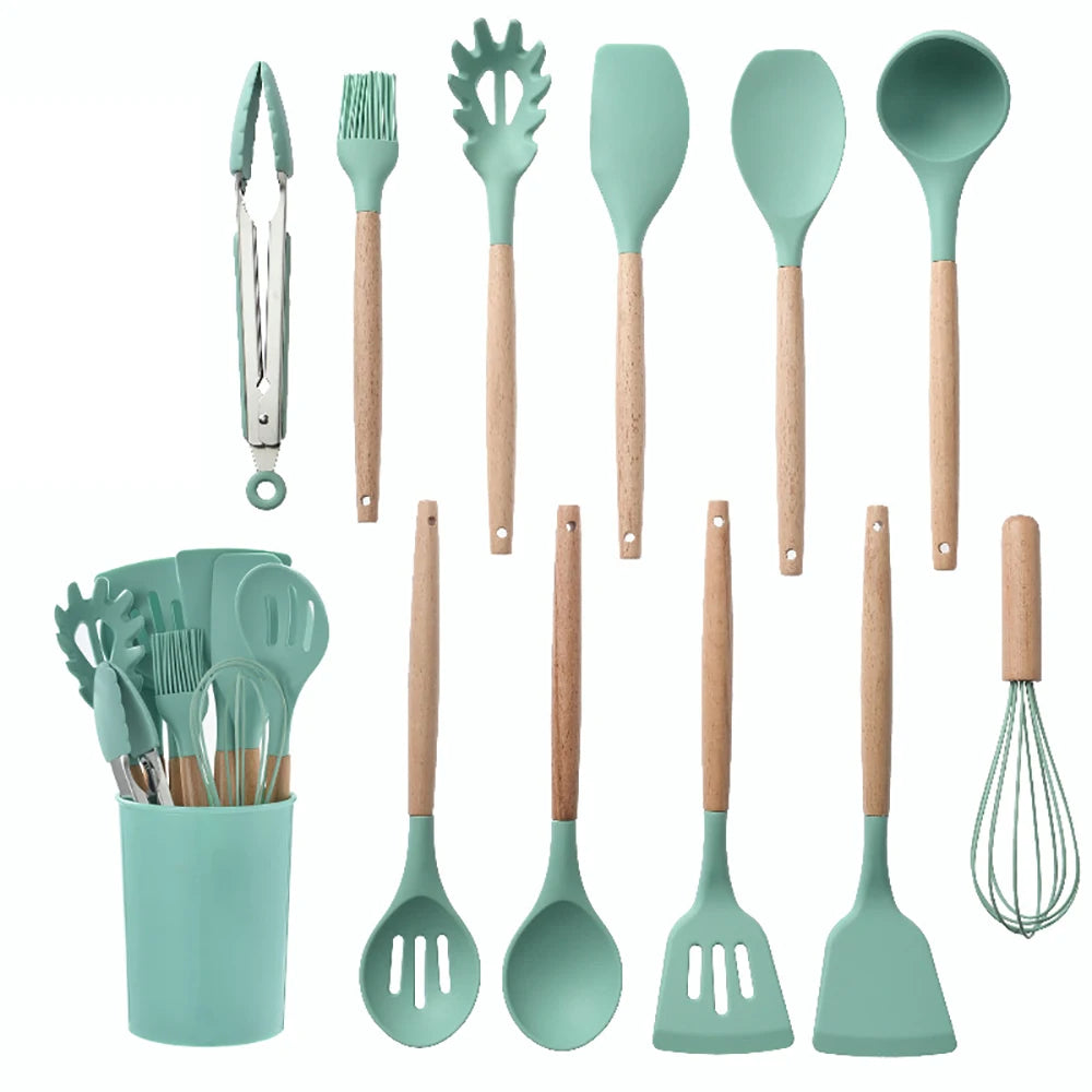 Silicone Kitchen Utensil Set With Wooden Handles Nonstick Spatulas Ladle by S And B Enterprise