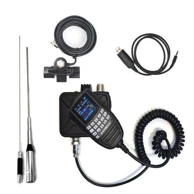 ANYSECU WP-9900 25W FM dual-band two-way radio kit with display, coiled mic cord, two antennas, USB cable