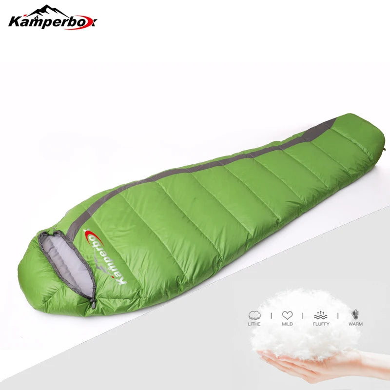 Kamperbox down sleeping bag in bright green with gray trim, ultralight winter camping gear