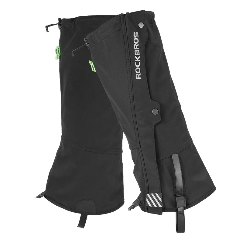 ROCKBROS waterproof leg gaiters for hiking and snow, black with neon-green zipper pulls and adjustable straps