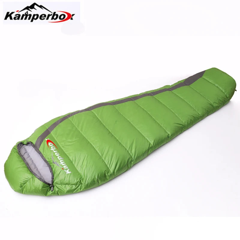 Kamperbox down sleeping bag, lime green ultralight mummy-style camping bag