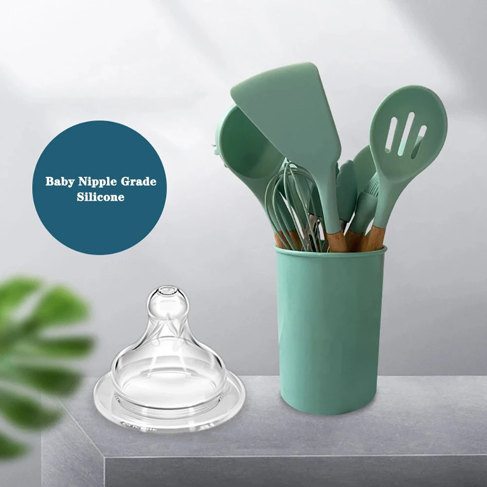 Silicone Kitchen Utensil Set With Wooden Handles Nonstick Spatulas Ladle by S And B Enterprise