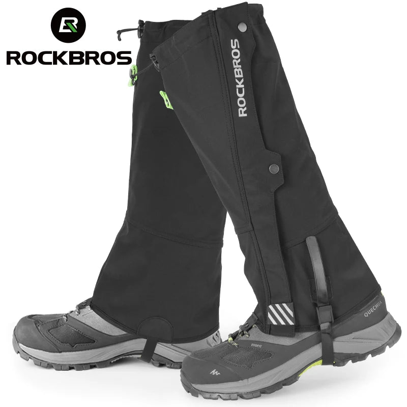 ROCKBROS waterproof leg gaiters for outdoor hiking, black pair with neon green pull tabs and side closures
