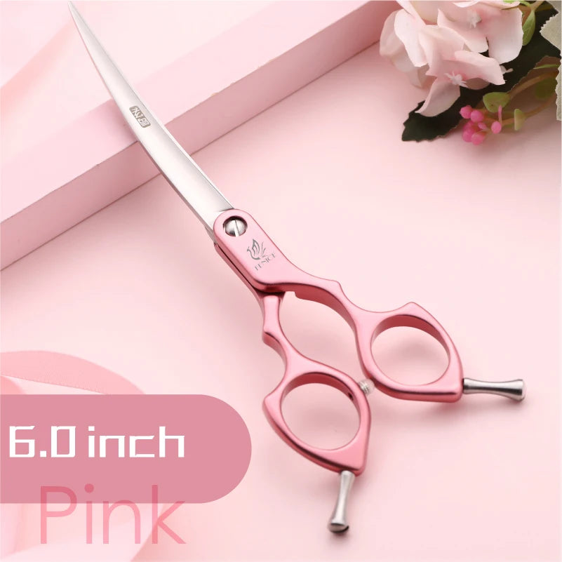 Pink 6.0-inch curved pet grooming scissors, stainless JP440C VG10 blades, by S And B Enterprise