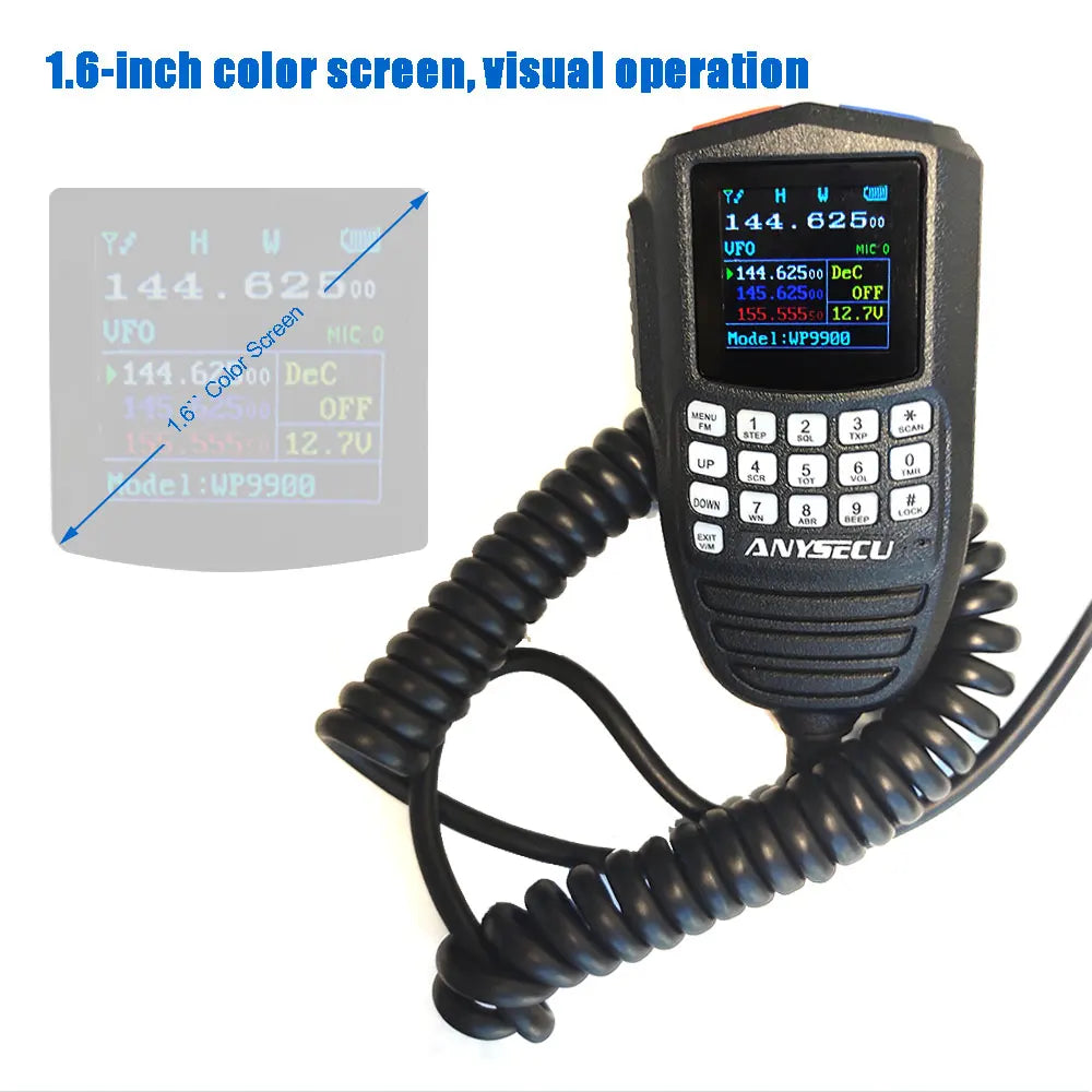 ANYSECU WP-9900 25W dual-band handheld radio with 1.6-inch color screen and coiled microphone cord