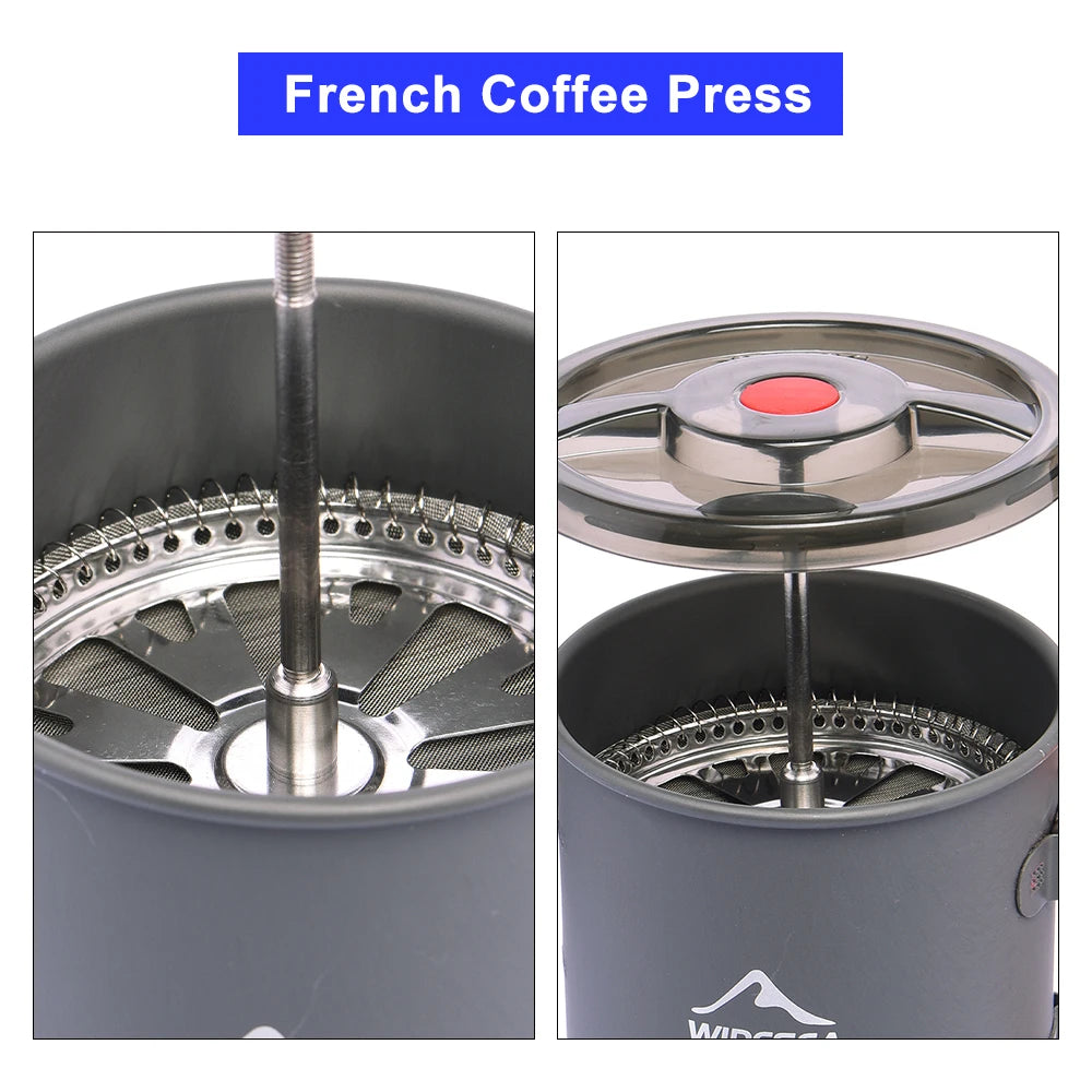 Widesea camping French press coffee pot in gray stainless steel with lid and red button for outdoor hiking cookware