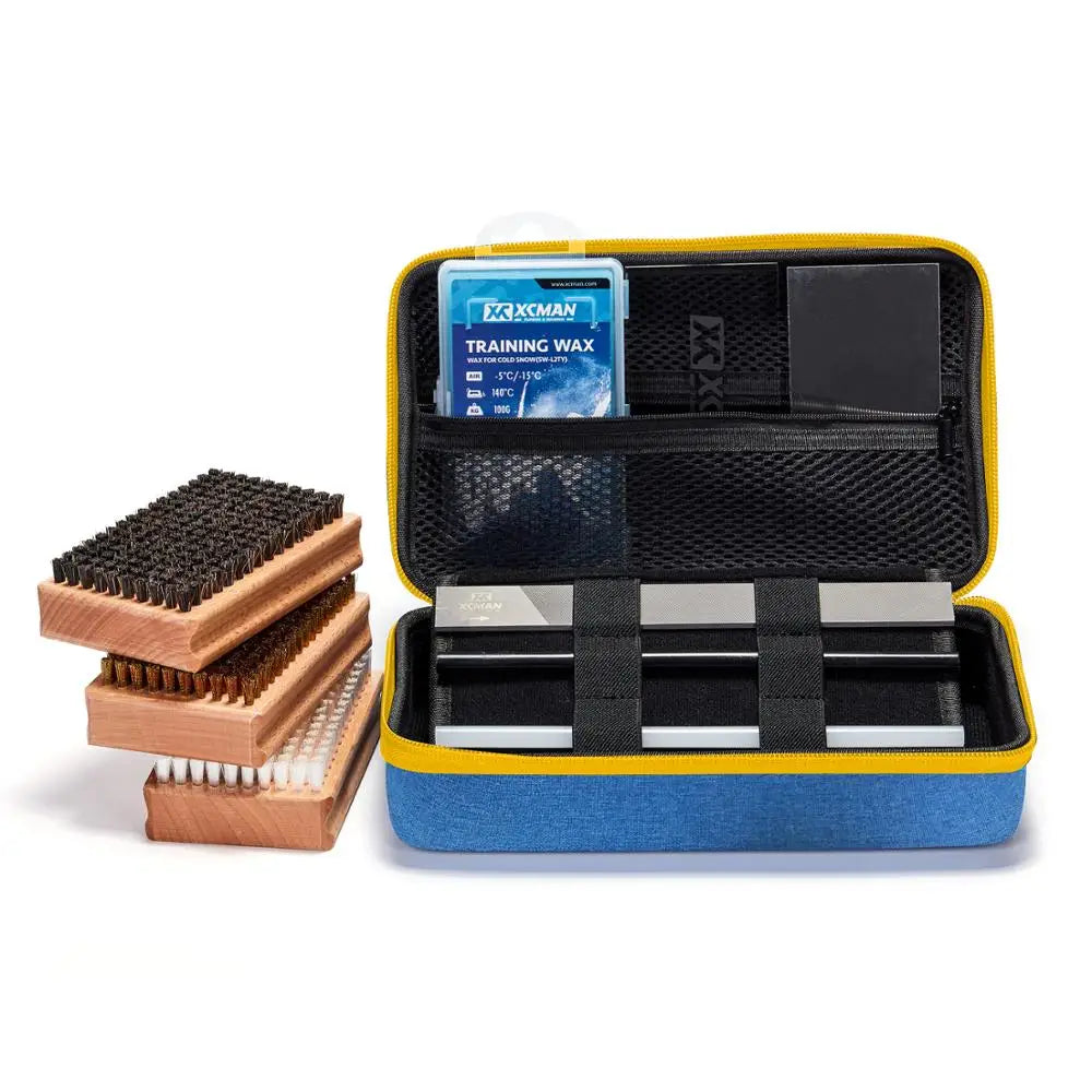 XCMAN Ski Snowboard Waxing & Tuning Brush Kit in blue case with nylon, brass, horsehair brushes and metal scraper