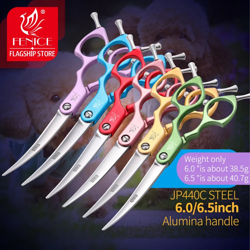 Fenice JP440C VG10 curved grooming scissors set in pastel colors with alumina handles for dogs and cats (6.0/6.5 inch)