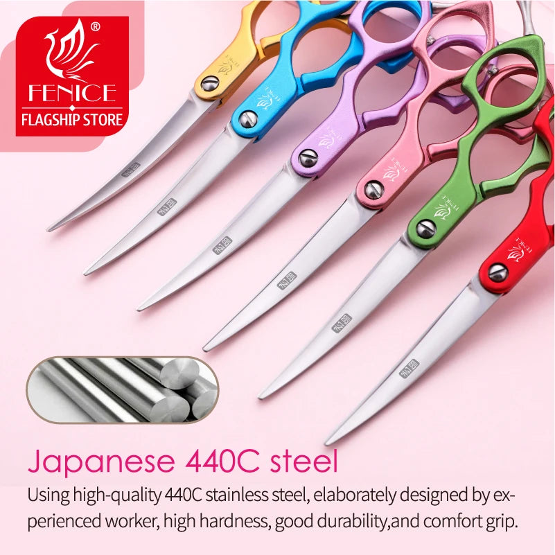 Fenice pet grooming scissors set, curved JP440C VG10 steel, 6.0–6.5 inch, colorful handles (6 pcs) for dogs and cats