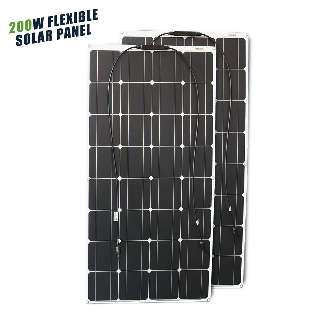 Two 200W flexible solar panels with bendable monocrystalline cells, waterproof for RV use