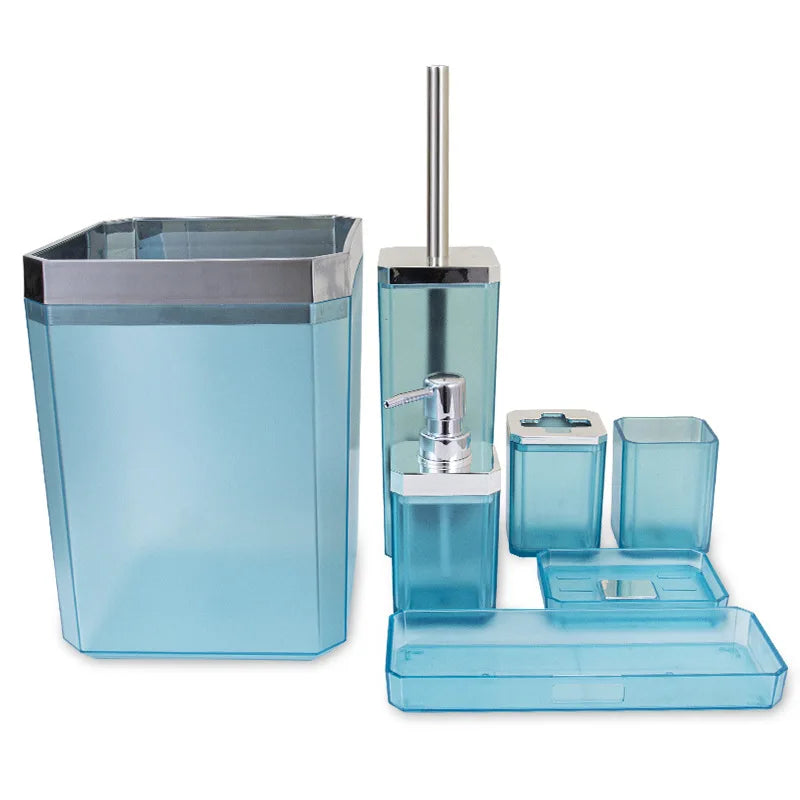 7-piece hotel bathroom accessories set in blue translucent plastic with chrome accents