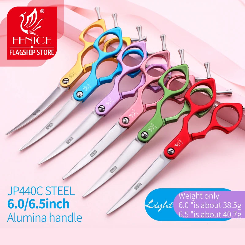 Fenice JP440C&VG10 curved pet grooming scissors set with aluminum handles in bright colors, 6.0/6.5 inches
