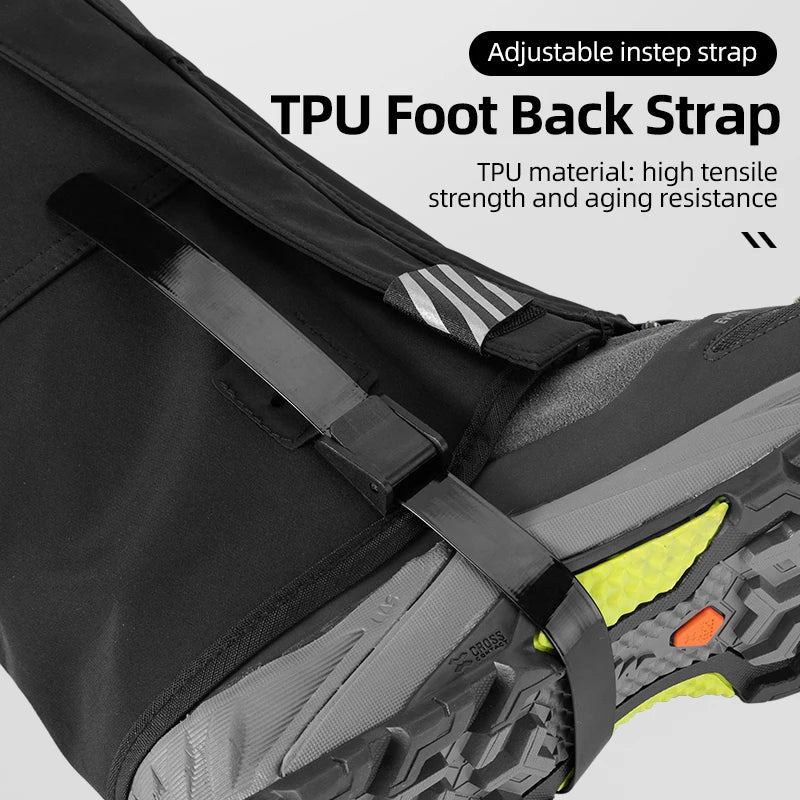 ROCKBROS waterproof outdoor hiking gaiters with adjustable instep strap; black with rugged boot protection