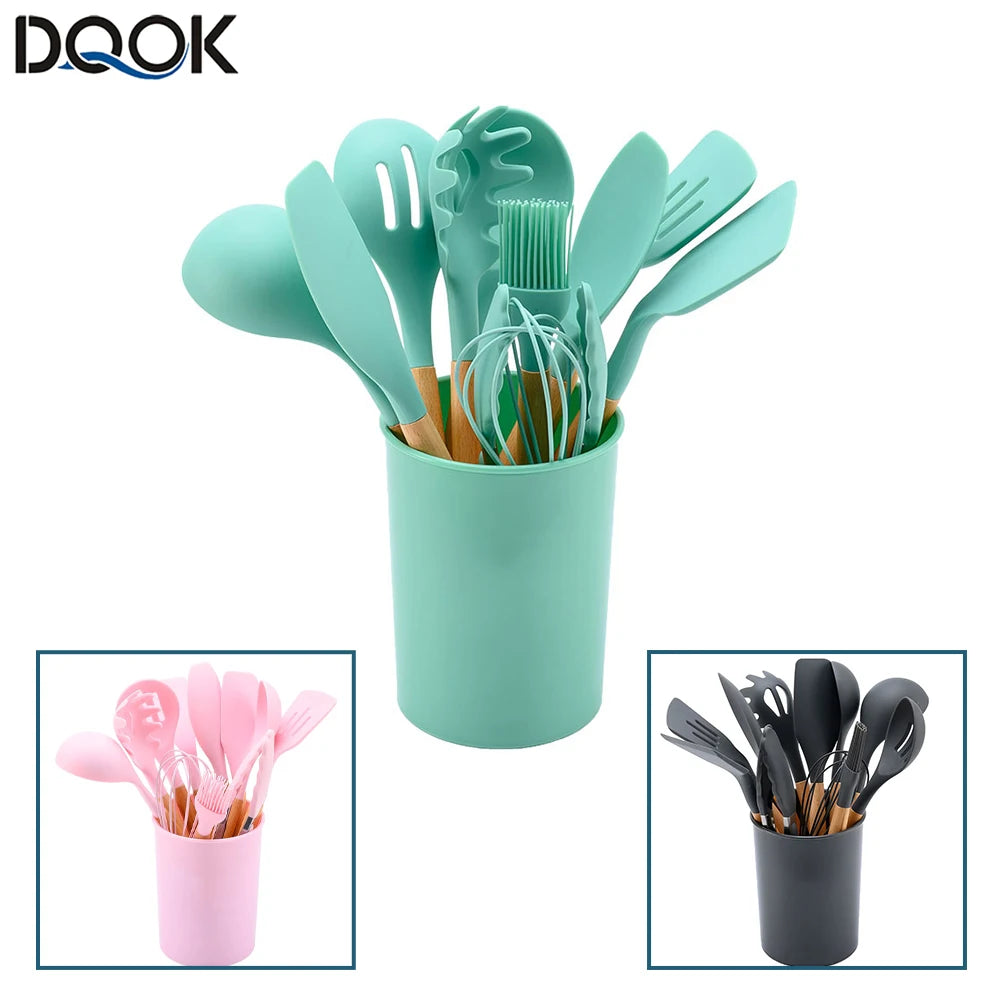 Silicone Kitchen Utensil Set With Wooden Handles Nonstick Spatulas Ladle by S And B Enterprise