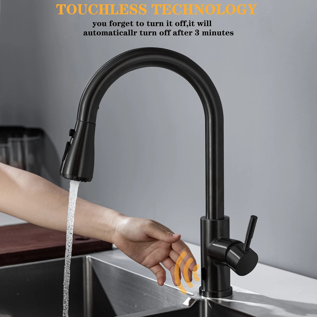Smart touchless kitchen faucet with pull-out spray in black nickel, infrared sensor