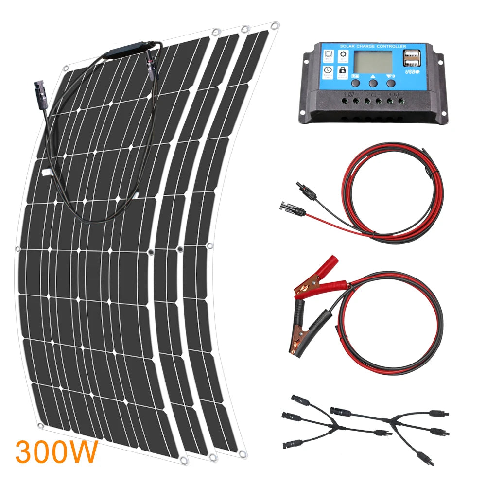 ASUNERGE 300W flexible monocrystalline solar panel kit for RVs, bendable waterproof design with controller and cables