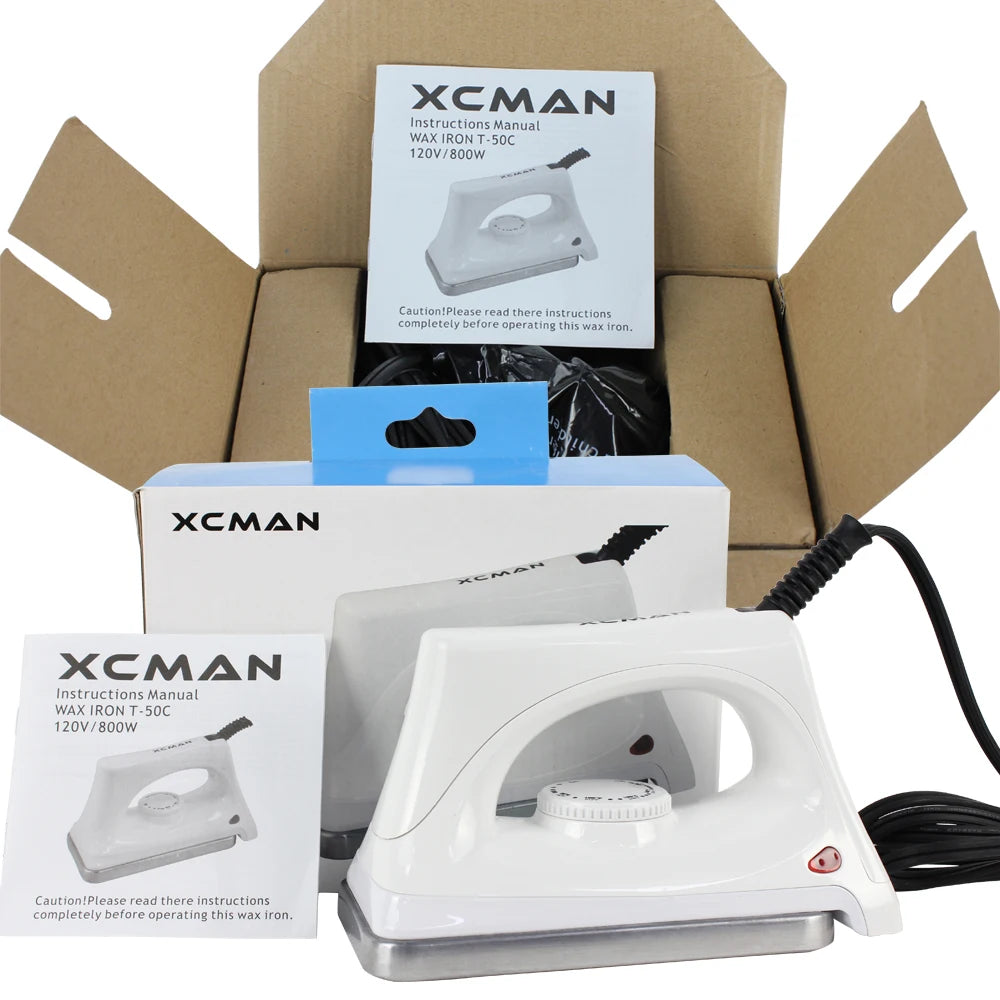 XCMAN waxing iron with adjustable temperature dial; white electric iron with instruction manuals and boxes