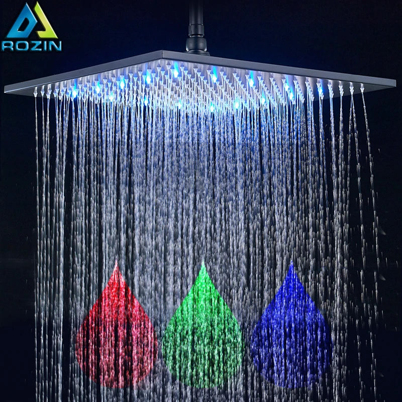 Rozin Rainfall Shower Head With LED Light Square Brass Design