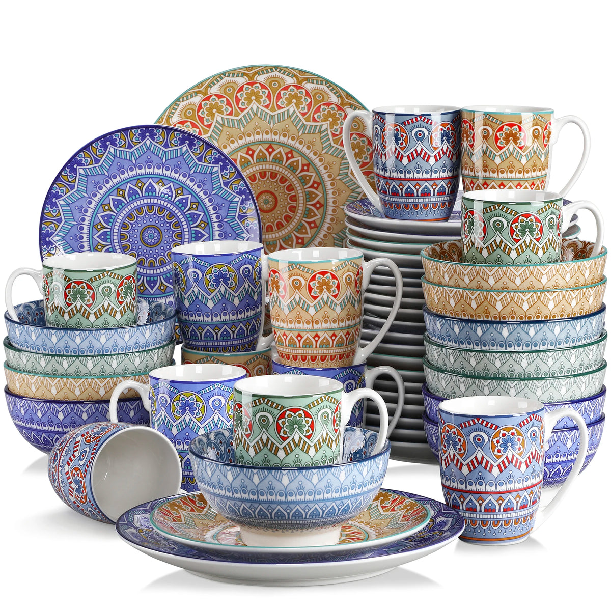 Vancasso 16/32/48-piece ceramic dinnerware set by S And B Enterprise; multicolor Bohemian mandala plates, bowls, mugs