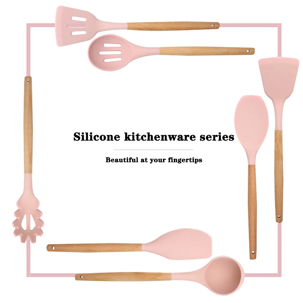 Silicone Kitchen Utensil Set With Wooden Handles Nonstick Spatulas Ladle by S And B Enterprise
