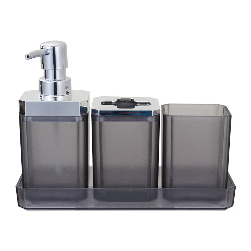 7-piece hotel bathroom accessories set by S And B Enterprise; gray translucent plastic with chrome pump on a tray