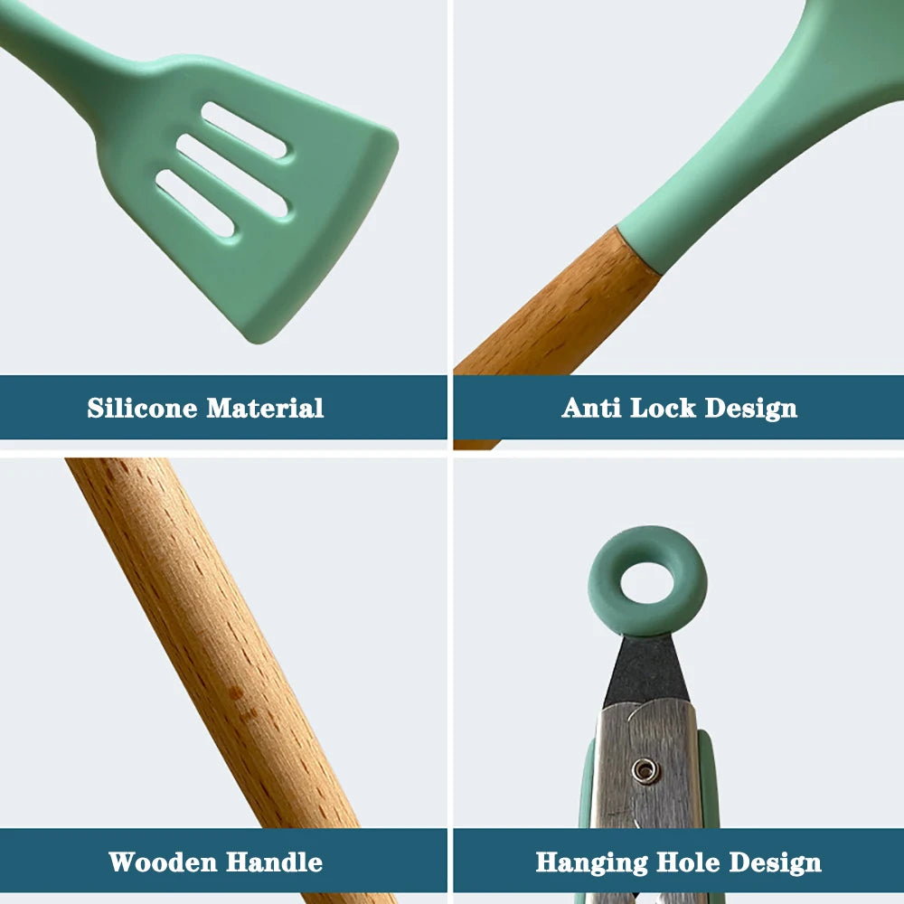Silicone Kitchen Utensil Set With Wooden Handles Nonstick Spatulas Ladle by S And B Enterprise