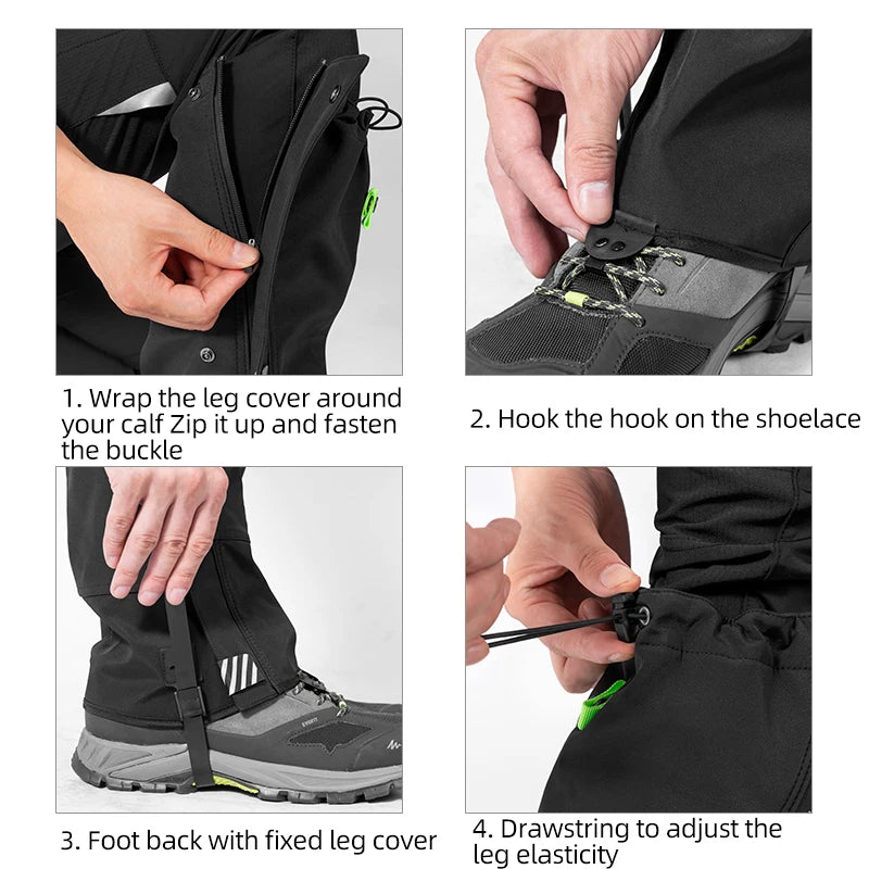 ROCKBROS gaiters, waterproof leg protectors for outdoor hiking, black with neon green drawcord