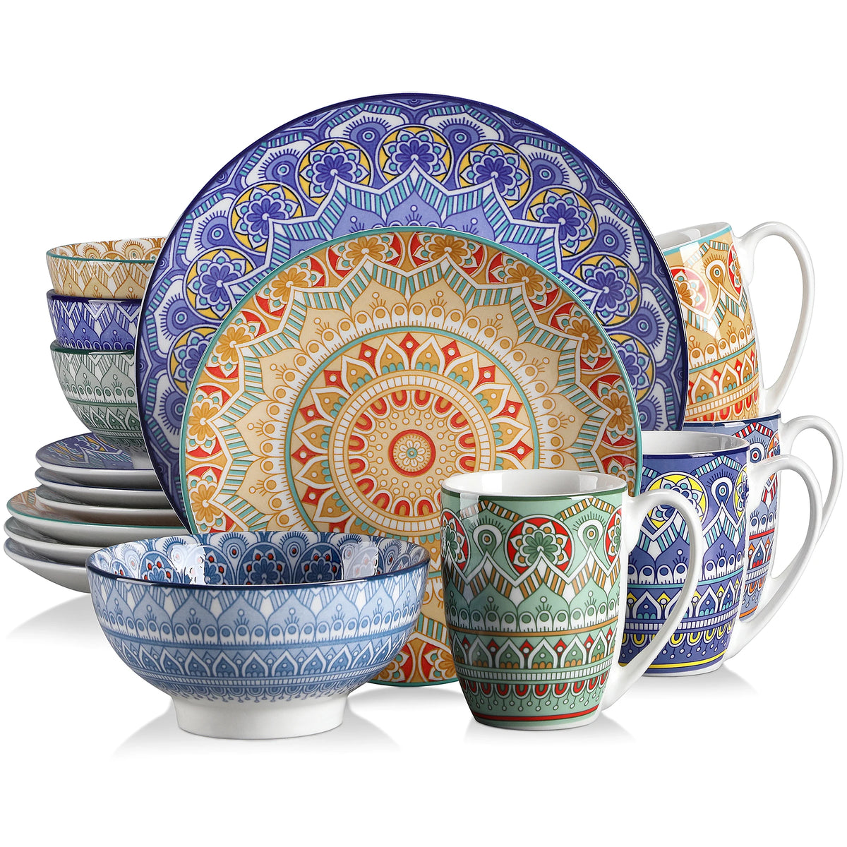 Vancasso ceramic dinnerware by S And B Enterprise with bohemian mandala patterns on dinner and dessert plates and bowls.