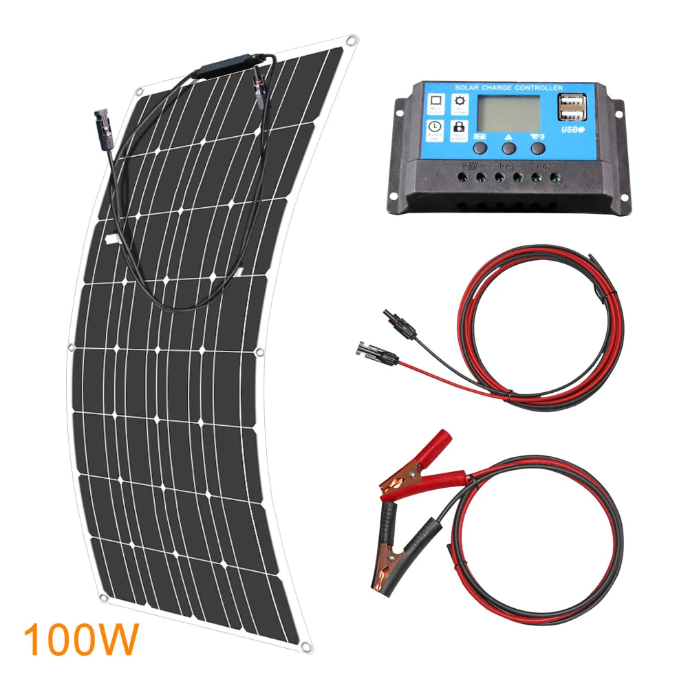 ASUNERGE 100W flexible monocrystalline solar panel kit with blue charge controller and red/black battery cables