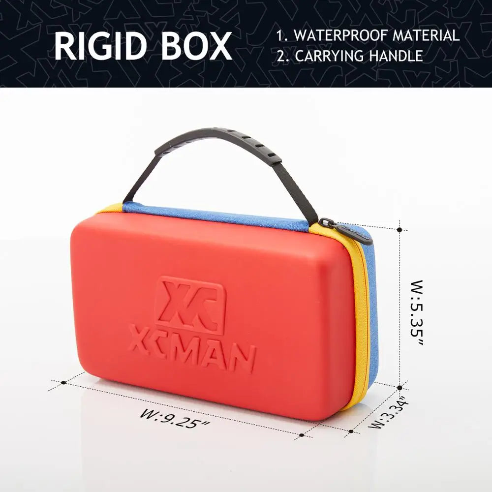 XCMAN ski wax kit case; red hard-shell box with yellow zipper and blue side panels