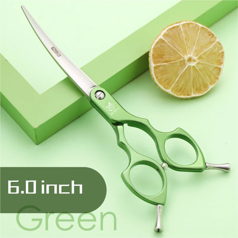 Pet grooming scissors Fenice Professional 6.0 inch curved, green handle, JP440C VG10 steel, by S And B Enterprise