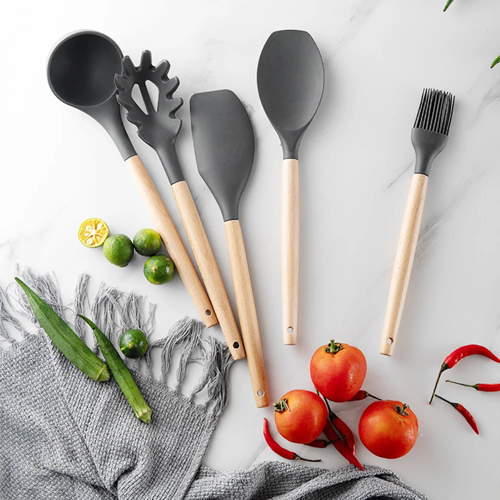 Silicone Kitchen Utensil Set With Wooden Handles Nonstick Spatulas Ladle by S And B Enterprise