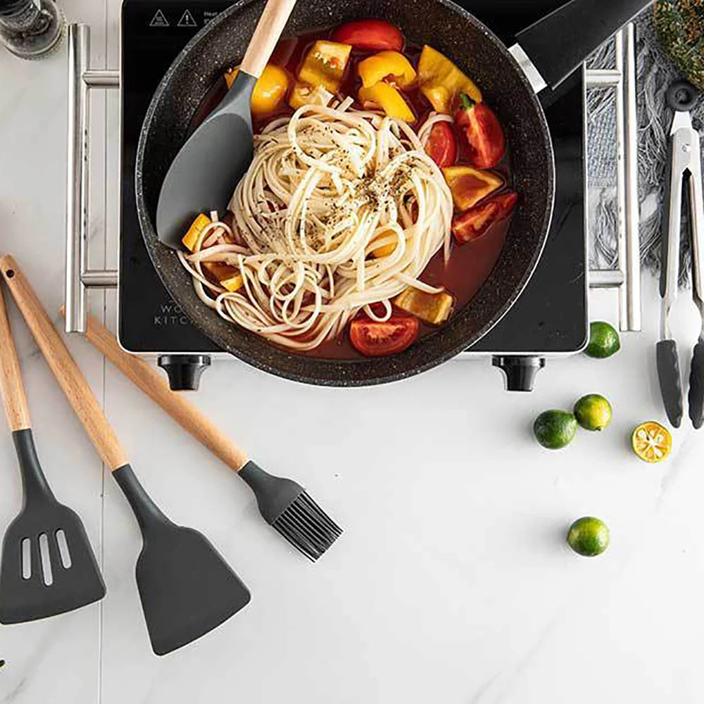 Silicone Kitchen Utensil Set With Wooden Handles Nonstick Spatulas Ladle by S And B Enterprise