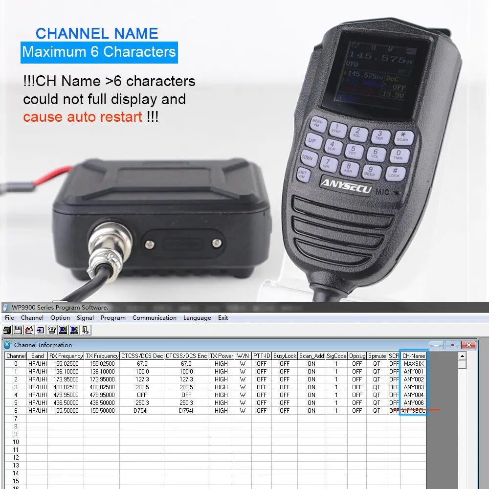 ANYSECU WP-9900 dual-band two-way radio with keypad and display, black handheld unit with charging dock