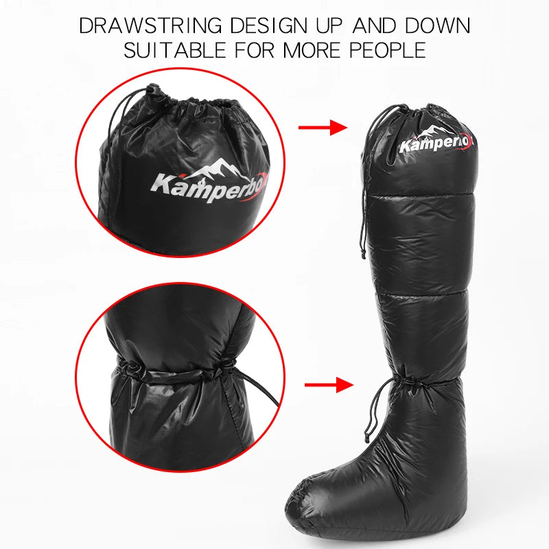 Kamperbox sleeping bag down bootie; black, puffy down boot with drawstring closures