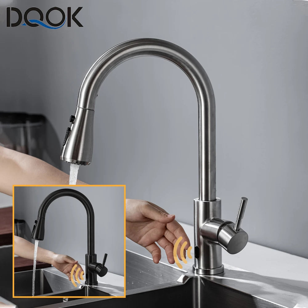 Smart touchless kitchen faucet by S And B Enterprise in brushed nickel and black finishes; two infrared sensor taps.