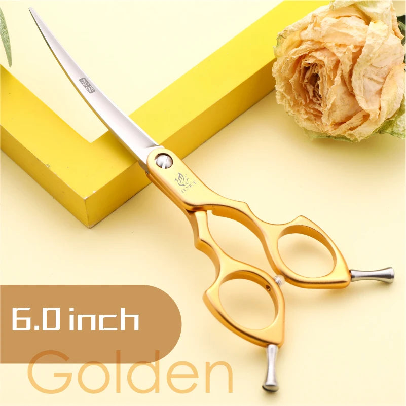 Fenice professional curved grooming scissors for pets, gold 6.0 inch with Fenice logo on the handle