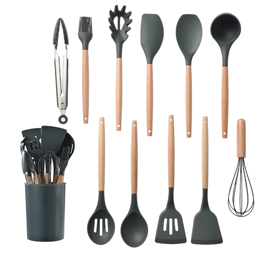 Silicone Kitchen Utensil Set With Wooden Handles Nonstick Spatulas Ladle by S And B Enterprise