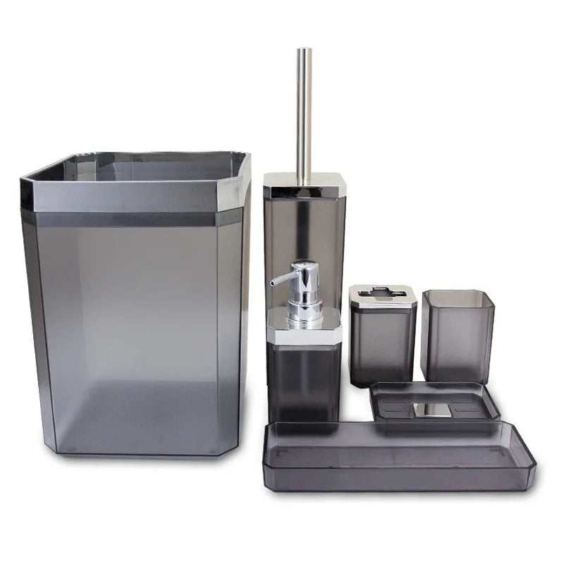 S And B Enterprise 7-piece square hotel bathroom accessories set in smoky gray plastic with chrome accents.