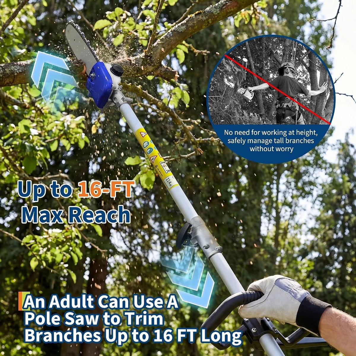 Gas-powered pole saw by S And B Enterprise with 12" bar, 2-stroke engine, 16 ft reach and ergonomic handle.